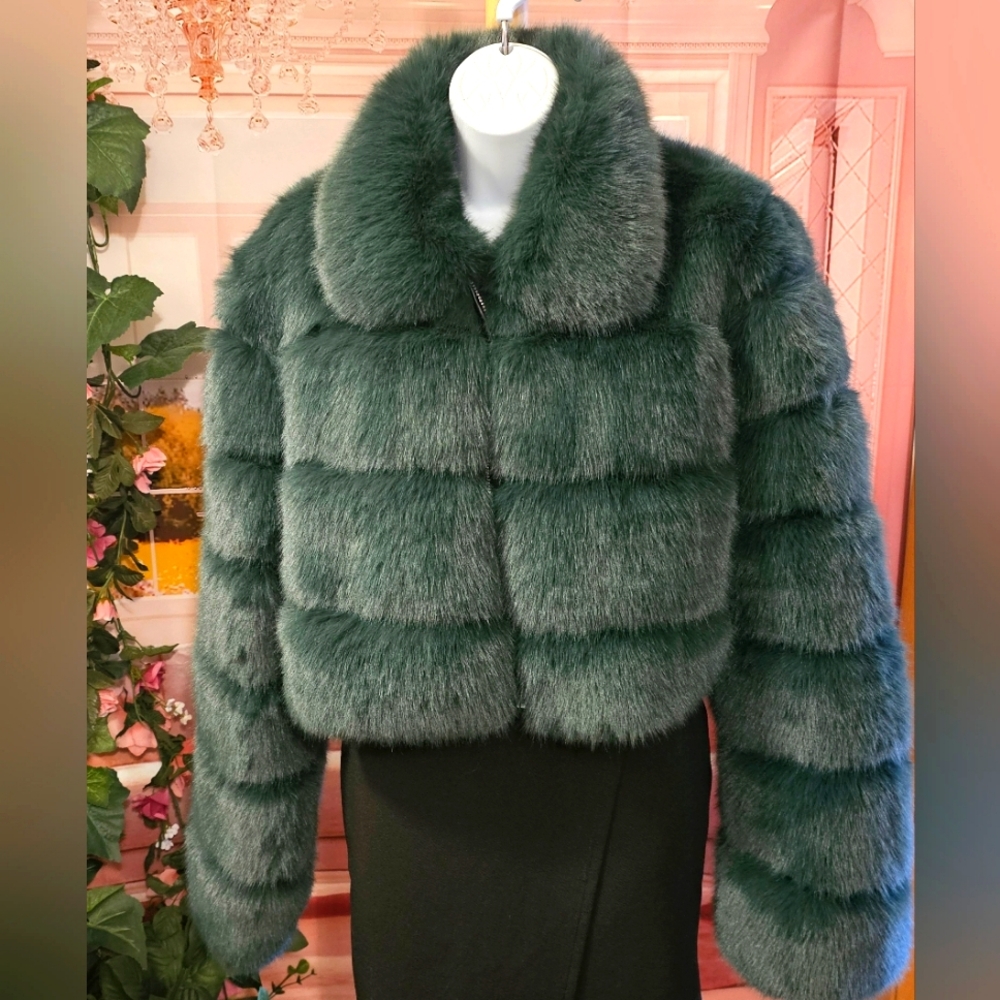 Fashion Women's Faux Fur Short Coat Jacket in Green Size Large